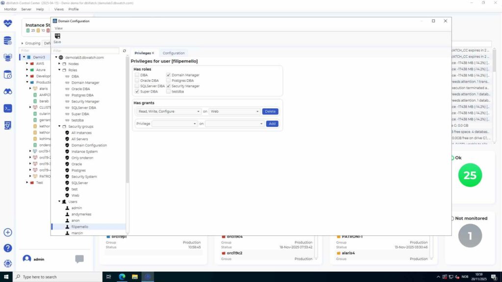 Screenshot of user access in dbWatch