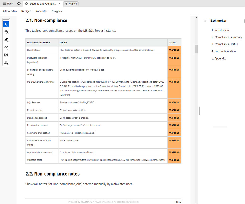 A sample report from dbWatch database reporting software