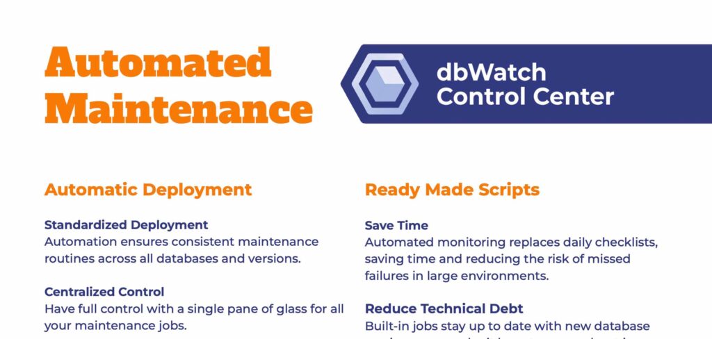 A sample of the automated maintenance product sheet for dbwatch