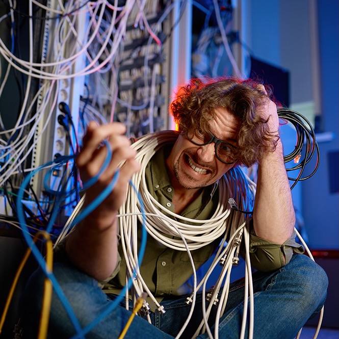 Frustrated person tangled in cables needs some technical help.